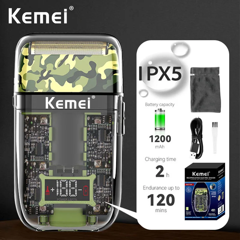 KEMEI KM-TX7 Vodotesný IPX5 LCD Digitálny displej Razor USB nabíjanie maskovanie priehľadné tela umývateľné elektrické holiaceho strojčeka pre človeka