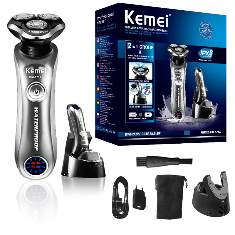Kemei Professional Electric Electric Electry Electric Electric Electric Razor pre mužov nabíjateľný stroj na holenie tváre s inteligentným čističom