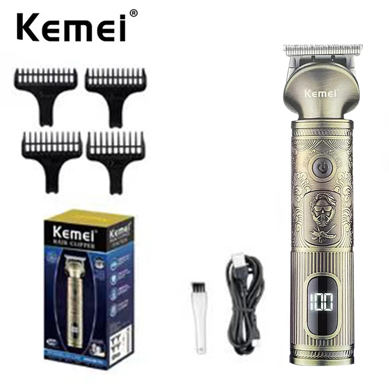 Kemei Professional Hair Trimmer Barber bezdrôtový nulové medzery Clipper muži LCD displej T9 vložky Shaver Edgers
