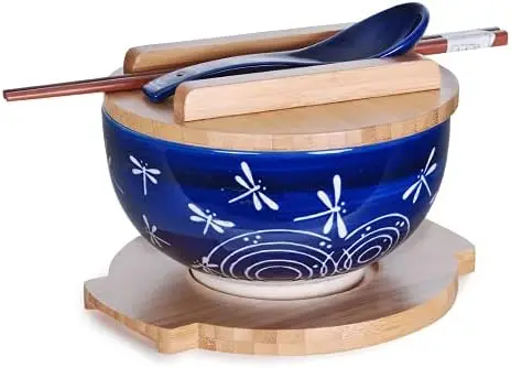 Keramická japonská rezancová misa súprava s bambusovým vekom, paličkami, lyžičkou, trivetinou - Navy Blue Floral
