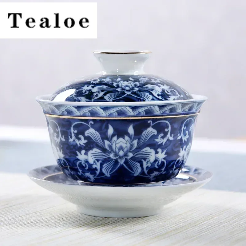 Keramická šálka s modrým a bielym krytom, čajom Kung Fu, Retro Celadon Ceremony Bowl, Tri počítače Gaiwan, domácnosť