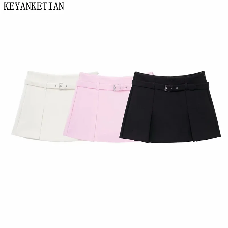 KeyAnketian 2024 Nové dámske sukne s pevnou farbou s dekoráciou pásu Side Zipper High Pase Wide Pleasted Mini Skak Pants Pants Lesk