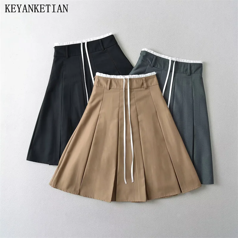 Keyanketian 2024 Nové dámske široké skladané sukne Preppy Style Patchwork Lace Up High Pas