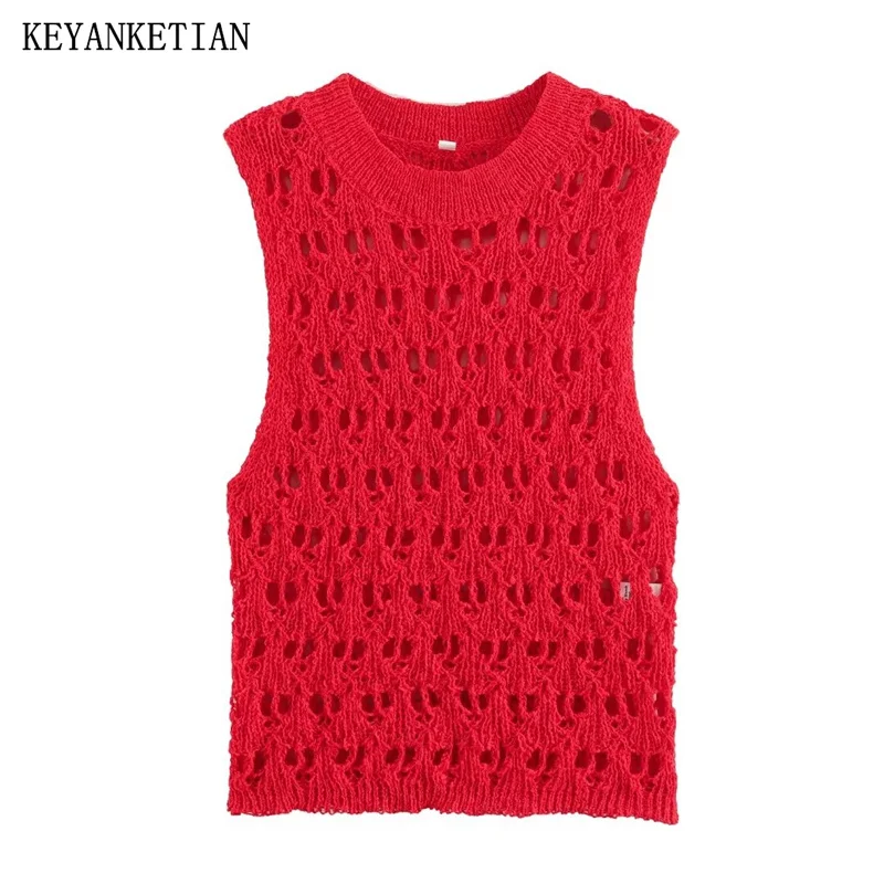 Keyanketian 2024 Nové spustenie dámske dutiny z červeného svetra letný sviatok vetra o krku bez rukávov Slim Pullover pletená top