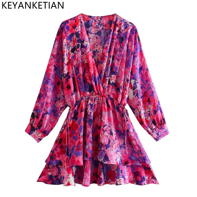 Keyanketian Women Fashion v krk kvetinové tlač dvojvrstvové volák