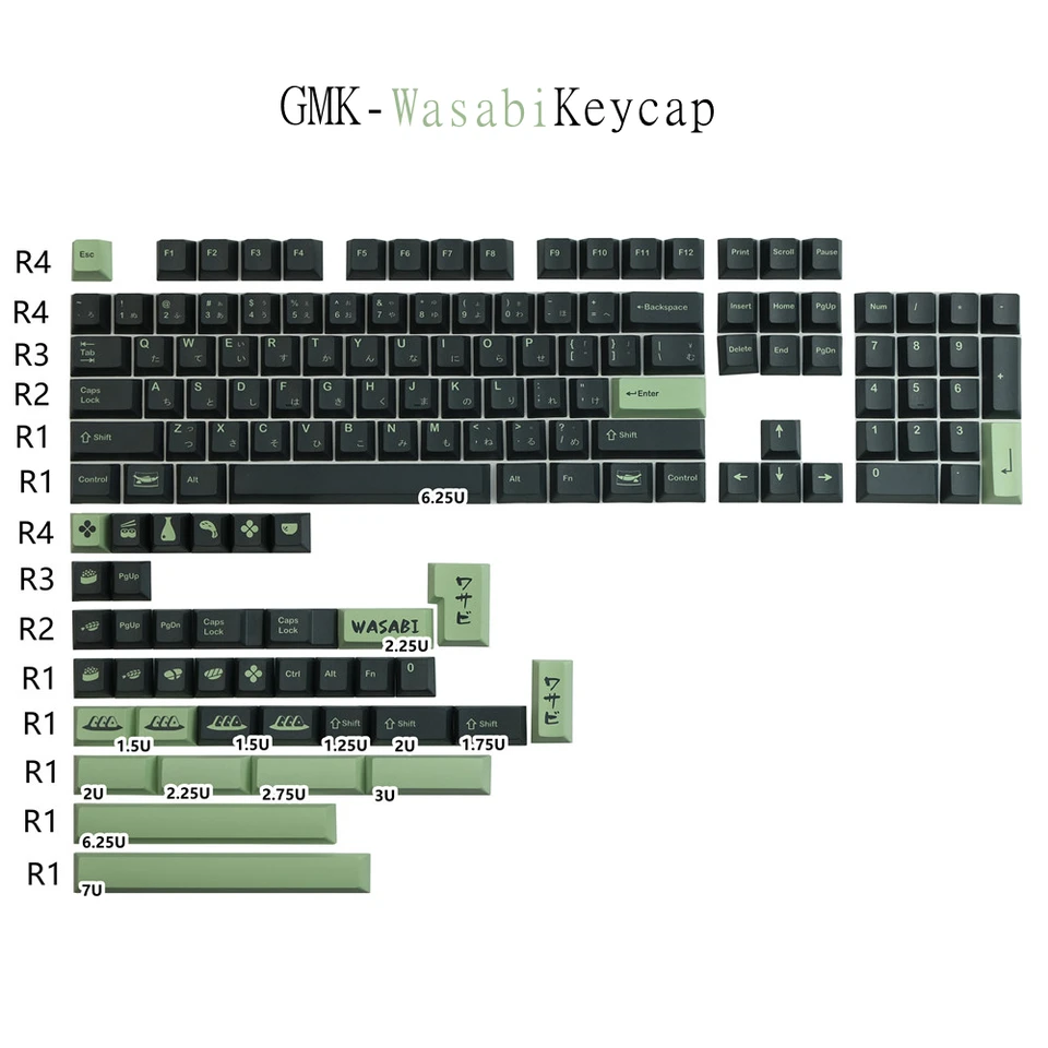 KeyCap pre mechanickú klávesnicu GMK Wasabi Keycaps Set Cherry Profile Dye- Sublimácia kompatibilná GK61 64 68 84 87 96 108