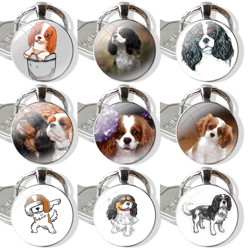 Keychain Ručne vyrobený sklenený sklenený kľúc kľúča držiak na kľúče prívesok Kľúčové reťaze roztomilý kavalier kráľ Karles Španiel