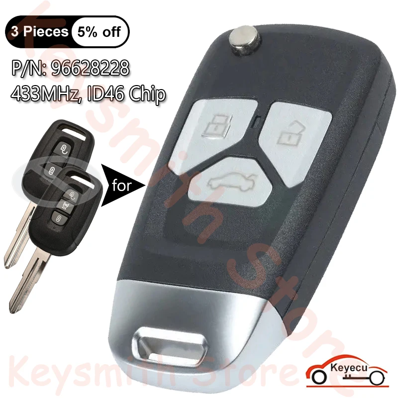 Keyecu 3 tlačidlá 433 MHz ID46 ChIP pre Chevrolet Captiva 2008 2009 2010 2010 2012 2012 2013 2013 Automatické vylepšené flip vzdialené kľúče FOB 96628228