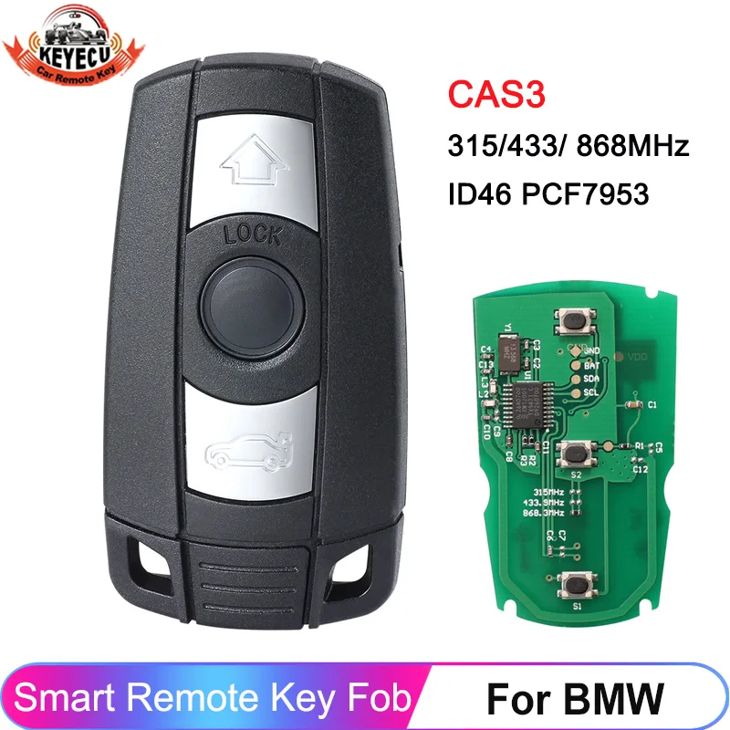 Keyecu 3 tlačidlá CAS3 CAS3+ 315/433/868MHz 315lp pre BMW E60 E70 E90 1/3/5/7 Series X5 X6 Z4 Vzdialený vysielací čip Čip PCF7953