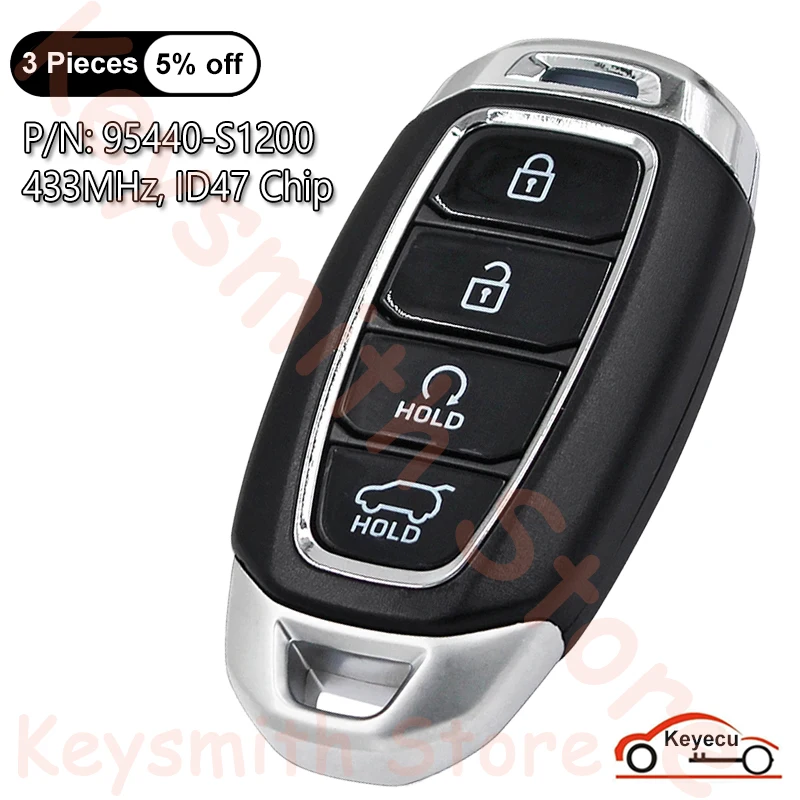 Keyecu 4 tlačidlá 433 MHz ID47 ChIP pre Hyundai Santa Fe 2018 2019 Auto Smart Dramow Control Key FOB P/N: 95440-S1200 TQ8-FOB-4F19