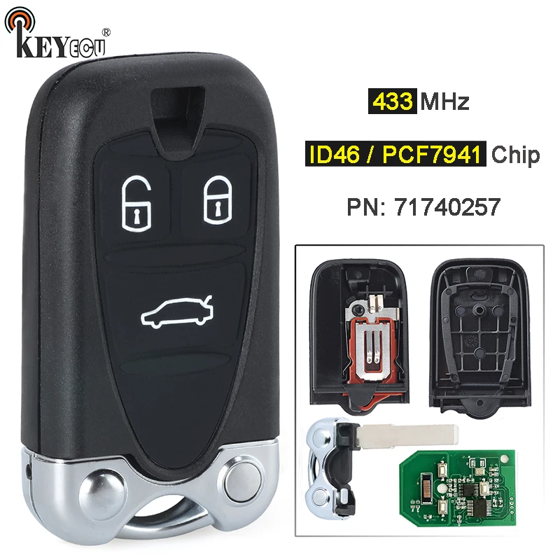 KeyecU 433MHz PCF7941 / ID46 Chip PN: 71740257 Diaľkový kľúč pre Alfa Romeo 159 Brera Spider 2005-2007 2008 2009 2009 2011 2011