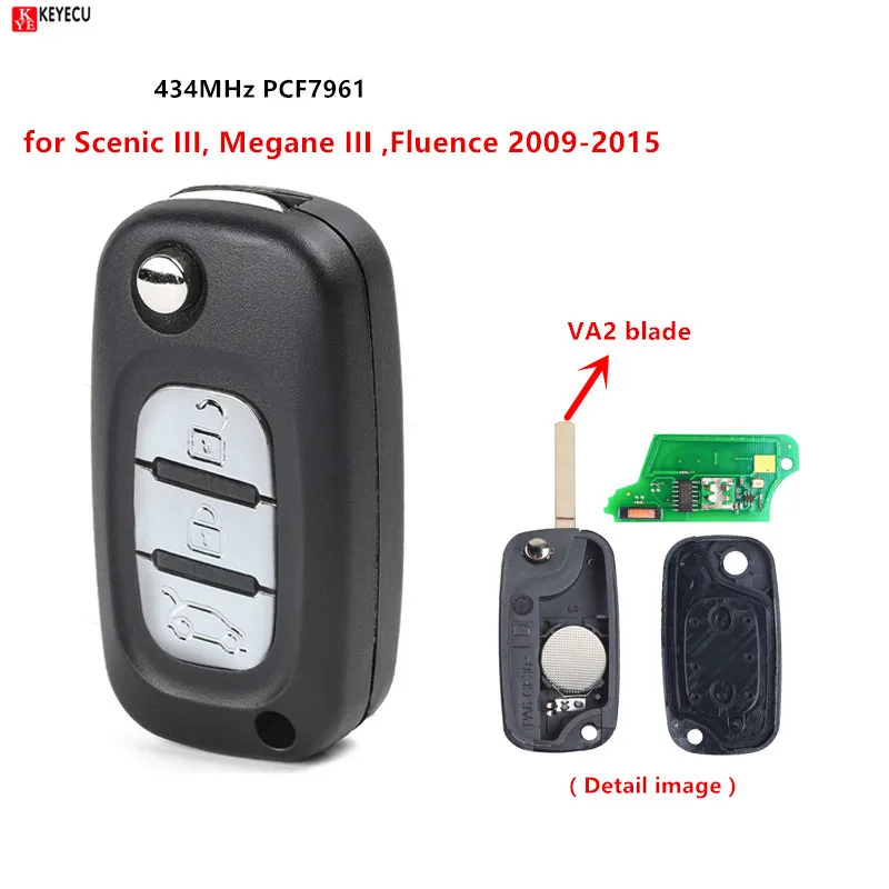 Keyecu Flip Remote Key FOB 434MHz PCF7961 ChIP pre Renault Megane III, Scenic III, Fluence 2009 2010 2010 2012 2012 2013 2014 2015