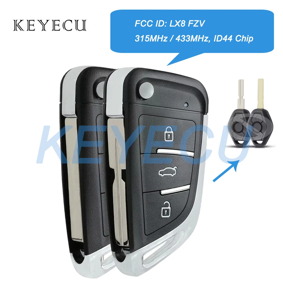Keyecu Modernizovaný flip diaľkový kľúč FOB 315MHz / 433MHz ID44 Čip pre BMW EWS E36 E38 E39 E46 E53 E60 E61 E81 X3 X5 Z3 Z4 LX8 FZV