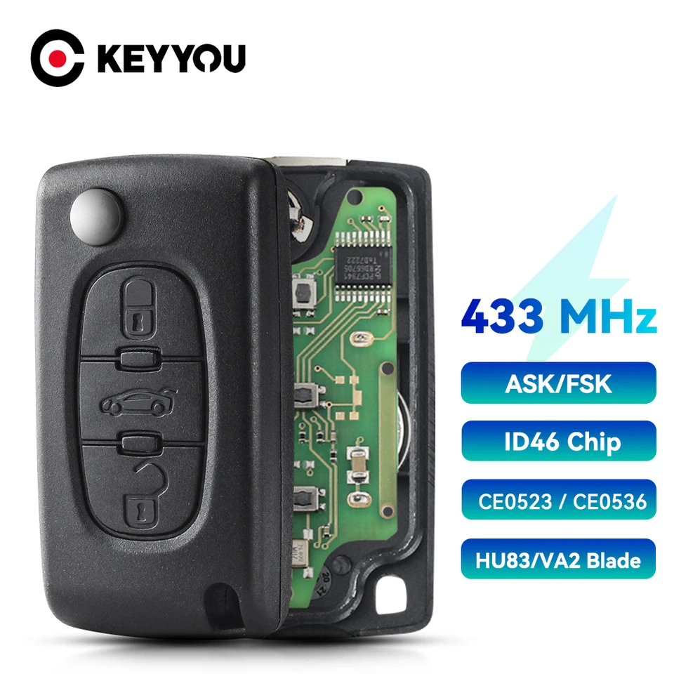 Keyyou 3 tlačidlá diaľkový kľúč CE0523/CE0536 pre Peugeot 207 208 307 308 407 408 433MHz ID46 PCF7941 Circuit HU83/VA2