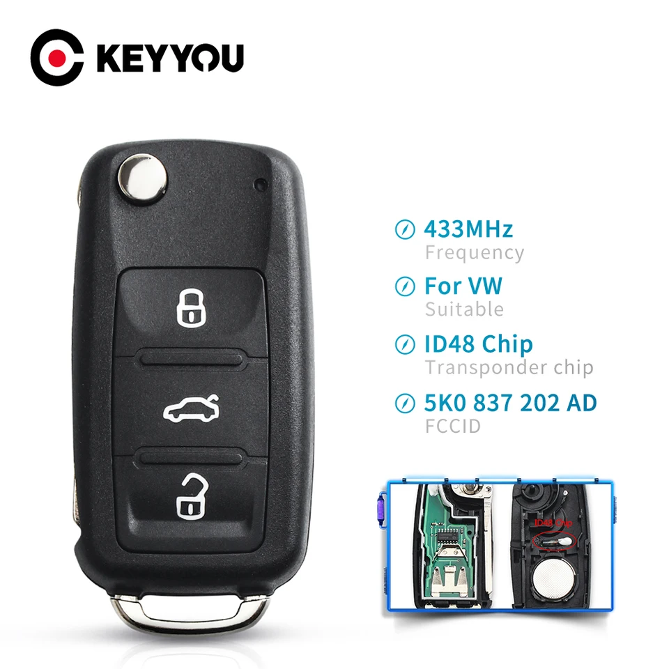 Keyyou Flip Skladanie diaľkového vozidla pre diaľkové auto pre Volkswagen VW Tiguan Golf Passat Polo Jetta Beetle Hella 434MHz ID48 Chip 5K0837202AD