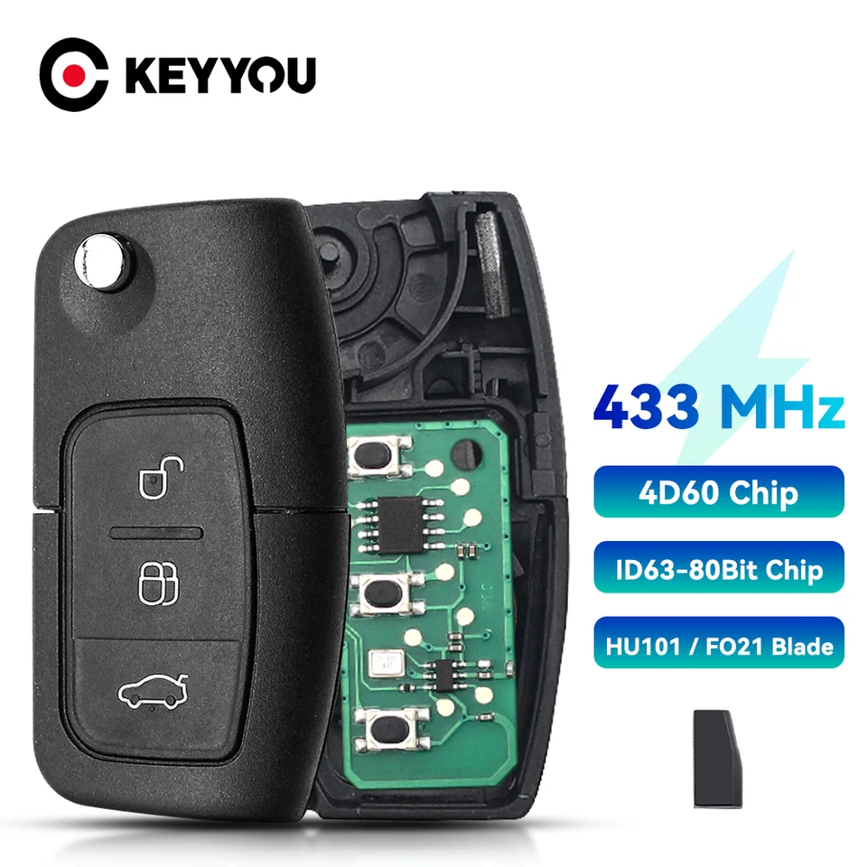 Keyyou for Ford Focus Fiesta 2013 FOB Case Hu101 F021 Blade 433MHz 4D63 40bit 80bit 3 tlačidlá Flip Skladacie diaľkové auto