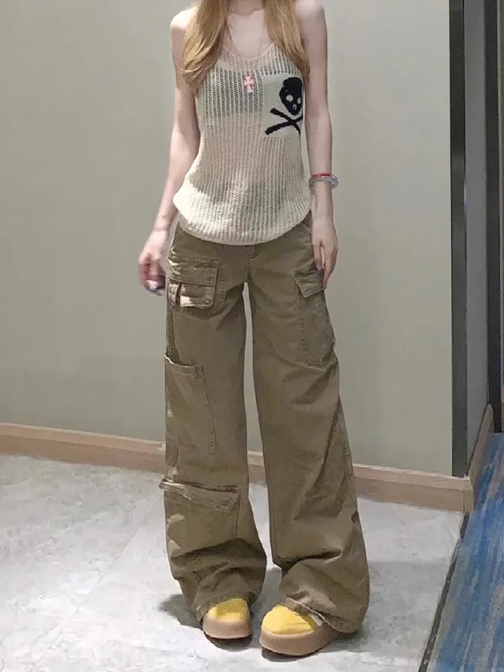 Khaki dámske džínsy High Pase Vintage Straight Denim Denim Pants Street viac vrecká American Wide Gugggy Denim nohavice