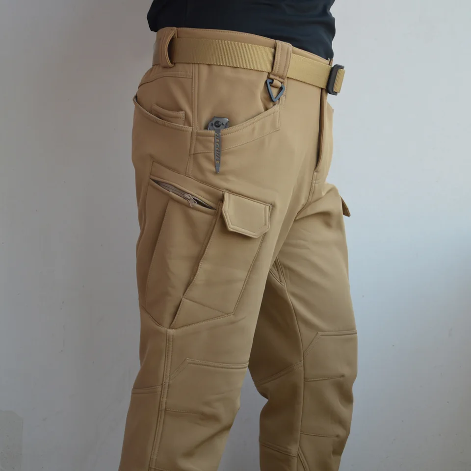 Khaki Pánske nákladné nohavice taktické nohavice Plyšové fleece viacprúdové výcvikový výcvik opotrebujúci vojenský fanúšikovia bojové nohavice