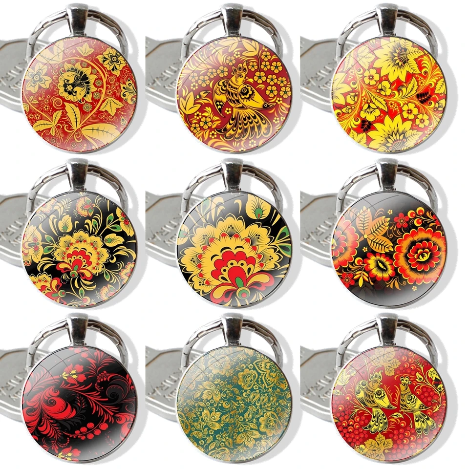 Khokhloma ruský vzor kvetinový keychain ručne vyrábaný sklenený sklenený držiak kľúča kľúča kľúče