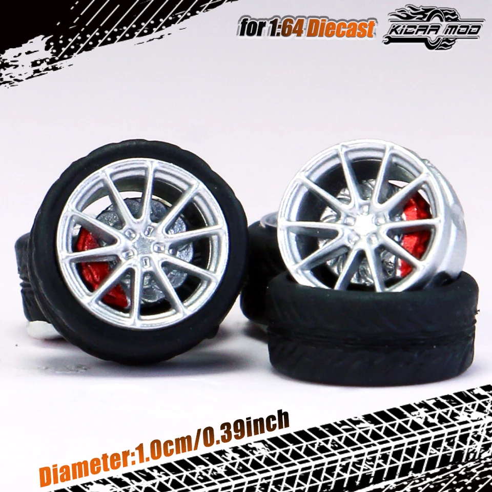 Kicarmod 1/64 Model Car ABS Kolesá s brzdovým kolesom gumovej pneumatiky, ktorý upravuje priemer dielov 10 mm pre modelové auto Tomica Hot Wheels