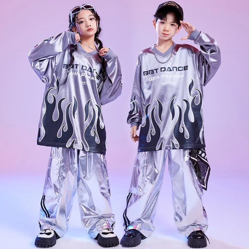 Kid Cool Hip Hop Clothing strieborná šedá plameň mikina Top Casy Casy Wide Cargo Pants for Girl Boy Jazz Dance Wear