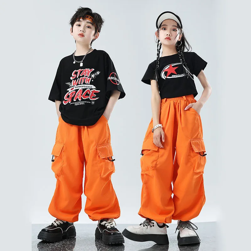 Kid Hip Hop Clothing Black Graphic Tee Crrop T Trišt Top Orange Casual Cargo Rogger Pohybky pre dievča chlapca Jazz Dance Costy oblečenie