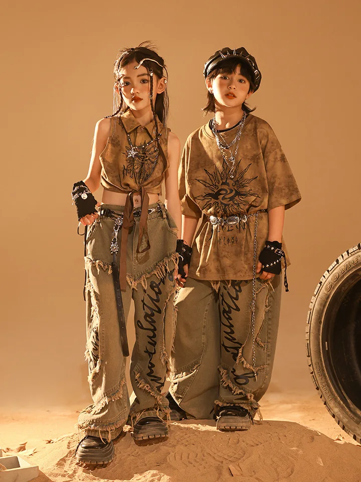 Kid Wasteland Style Hip Hop Clothing Coffee Crop Tank Top Tir Tirk Casy Raw Hem Džínsy pre dievčatá chlapca Dance kostým oblečenie
