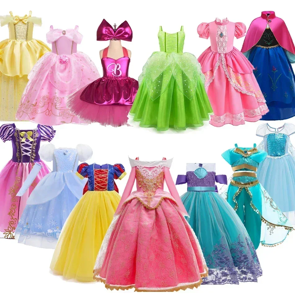 Kids Belle Aurora Costume Girl Halloween princezná Cosplay Party šaty broskyňa Ariel Rapunzel Cinderella Anna Elsa narodeniny