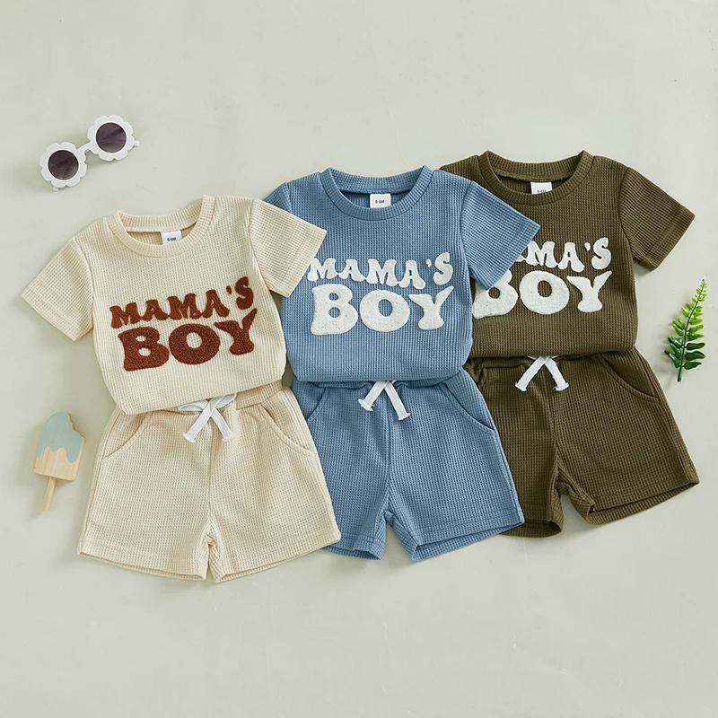 Kids Boys letné oblečenie Set Letter vyšívanie s krátkym rukávom tričko Solidy kraťasy Waffle pletené oblečenie 6 12 18 24 mesiacov