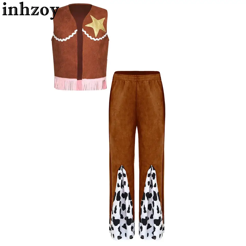 Kids Cowgirl Cowboy kostým outfit western TheMed Cosplay päťbodinová hviezda Fringe vesta a kravské tlače Patchwork rozšírené nohavice