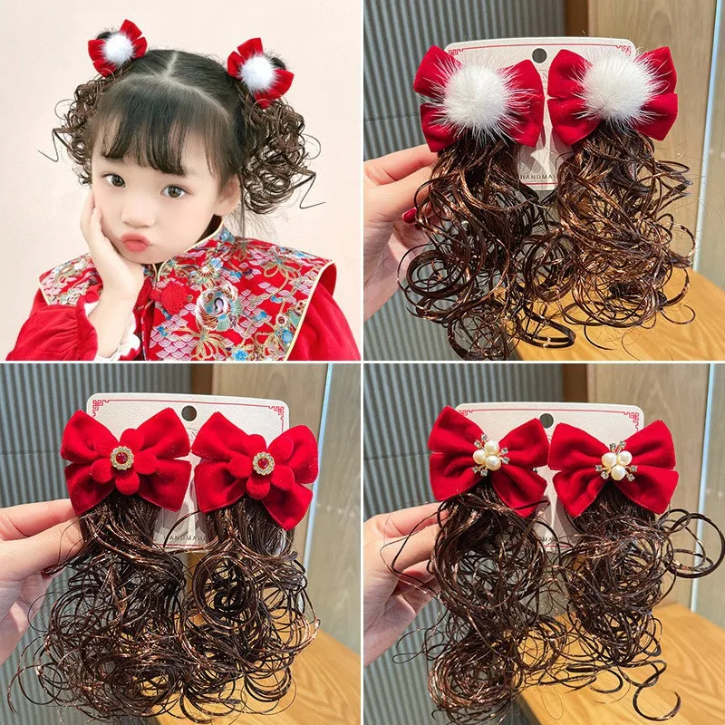 Kids Girl Wig Hair Clip Klip Červený Nový rok hlava pokrývky plyšový loptičku Barrettes Detské vlasové paniá