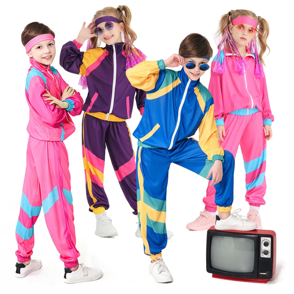 Kids Hippie Fantasia 80. rokov 90. rokov Kostým deti Disco Party Cosplay Boys Girls Hip-Hop karneval vintage rocková bunda Pant Halloween