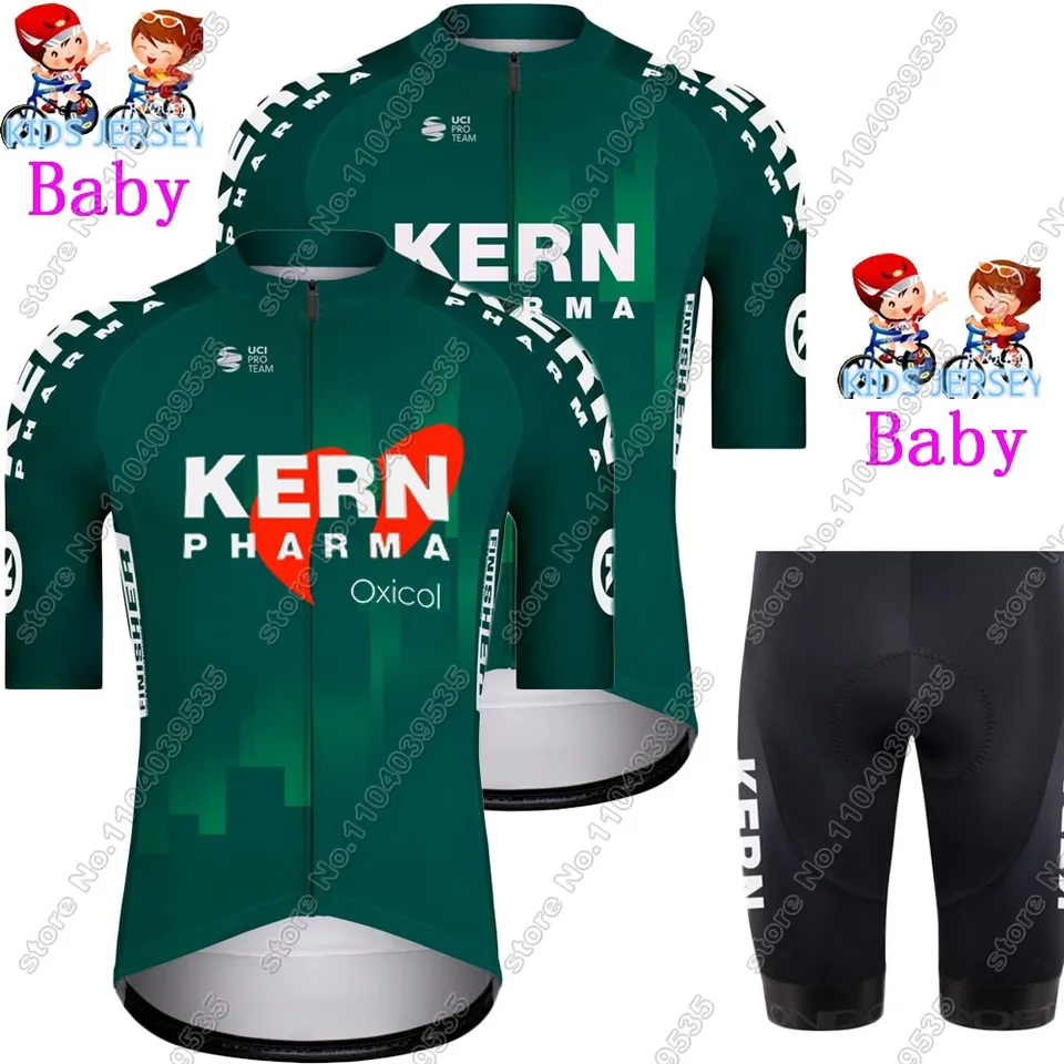 Kids Kern-Pharma 2024 cyklistický dres set chlapci dievčatá Green Espana Cycling Clothing Road Bike Tirls Suit Bicycle nohavice maillot