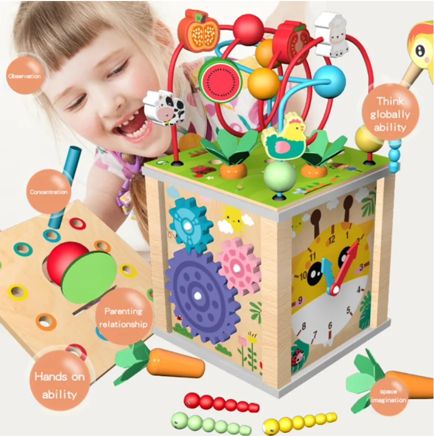 Kids Montessori Hračky drevené aktivity kocka Cube Tvar Triedenie blokov korálky Bludisko jemné motory včasné vzdelávacie hračky pre batoľatá