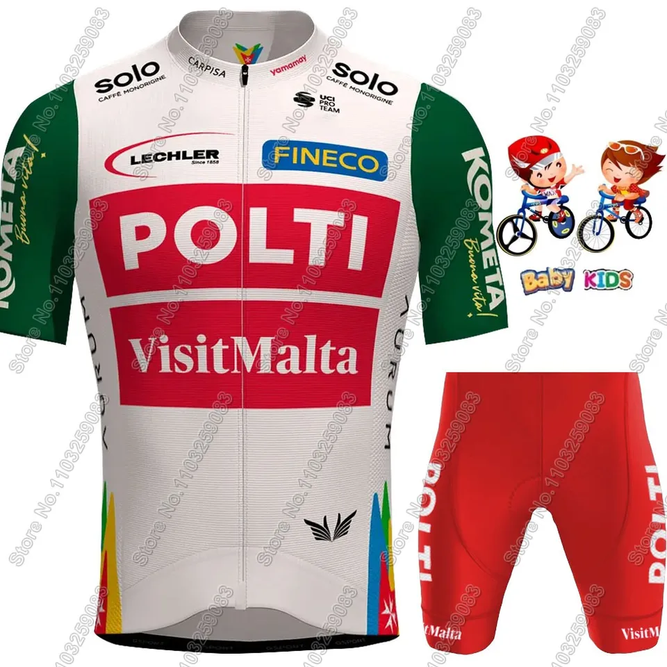 Kids Polti VisitMalta 2025 Tímový cyklistický dres set Boy Girls Cycling Taliansko oblečenie deti Detské košele na bicykli nohavice
