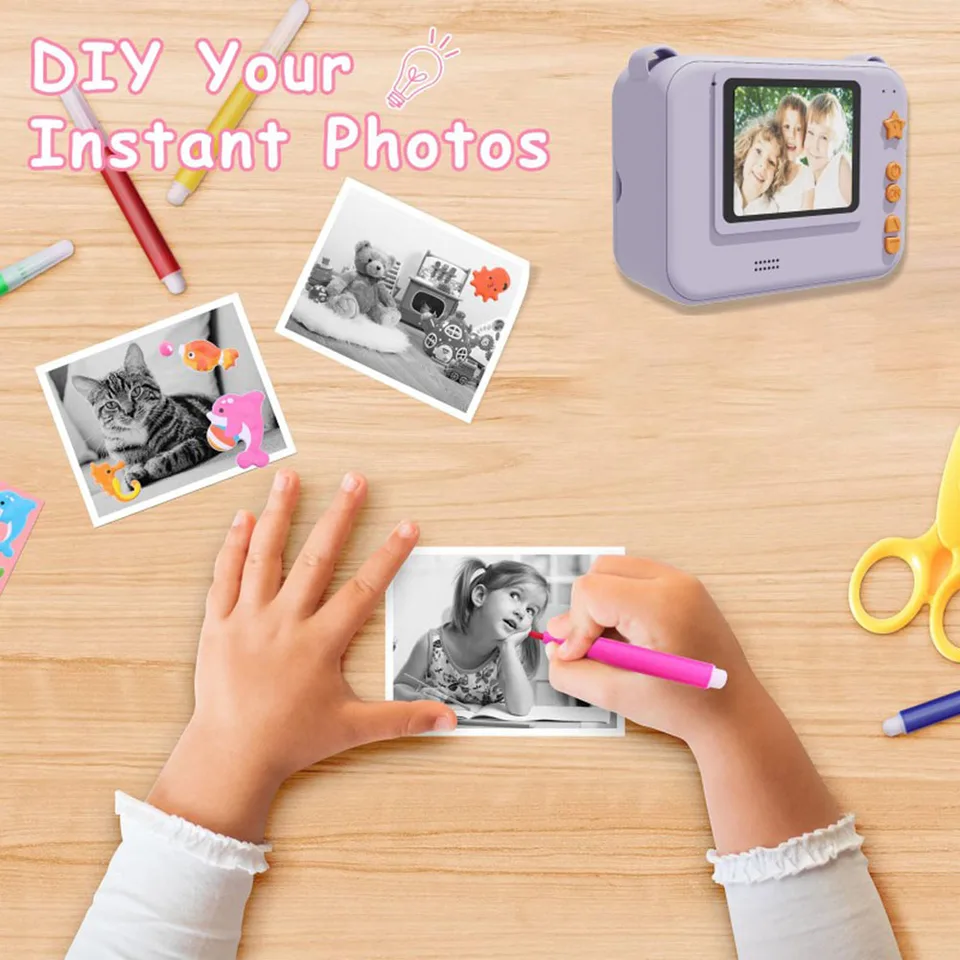 Kids Video Recorder Instant Print Photo 2 -palcová obrazovka Tepelná tlačiareň s 3 rolkami Print Paper Selfie Video Digitálny fotoaparát