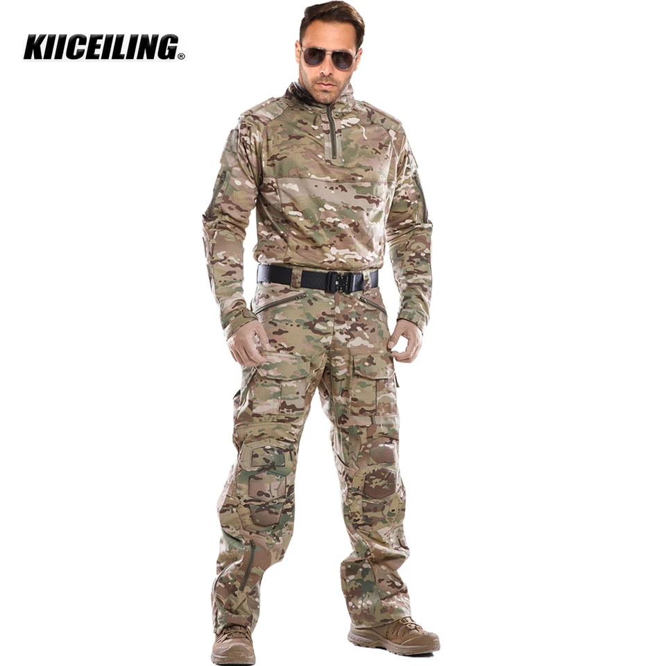 Kiiceiling Outdoor Hunting Multicam košele a bojové nohavice maskuje taktické uniforma oblečenie ghillie oblek s kolennými vankúšikami