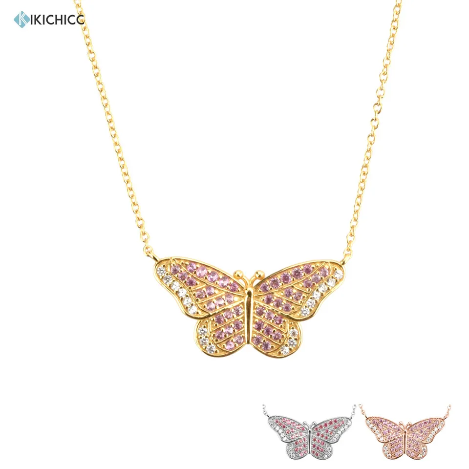 Kikichicc 925 Sterling Silver Gold Butterfly Luxusný ružový číry náhrdelník s dlhým reťazcom 2021