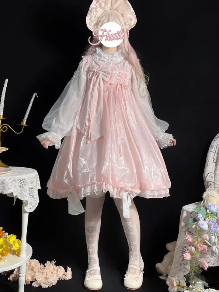 Kimokokm Lovely Kawaii Lolita Princess Style JSK Bud Dress Square Golier Bow Solid Farb
