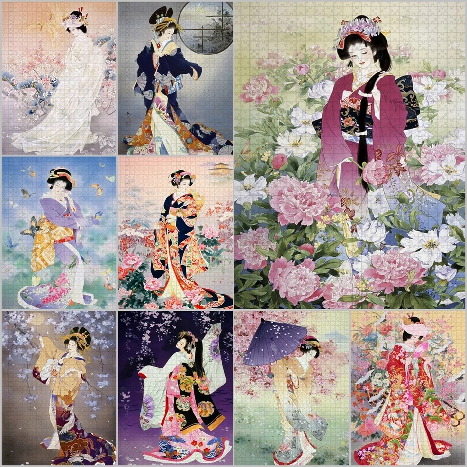 Kimono Girl Portrét Jigsaw Puzzle 300/500/1000 kusy Japonské dievčatá pre dospelých Zhromaždené drevené hádanky Vzdelávacie hračky Darčeky