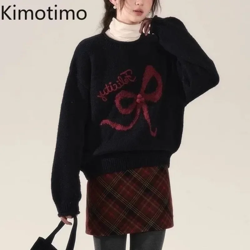 Kimotimo sladké luk tlačené pullover Ženy na jeseň zima voľný o krk s dlhým rukávom svetre Kórejské móda všetky pletené pletené vrcholy