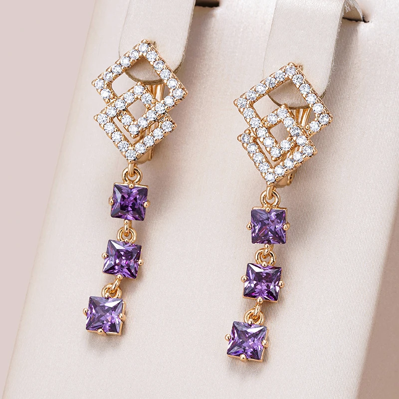 Kinel Hot Fashion 585 Rose Gold Long Drop náušnice pre ženy jedinečné fialové prírodné zirkónové doplnky nevesta Svadobné šperky