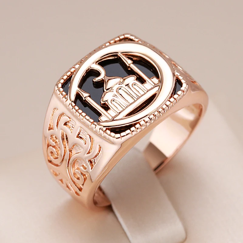 Kinel Hot Punk Black Stone Square Castle Men Ring Fashion 585 ružové zlato