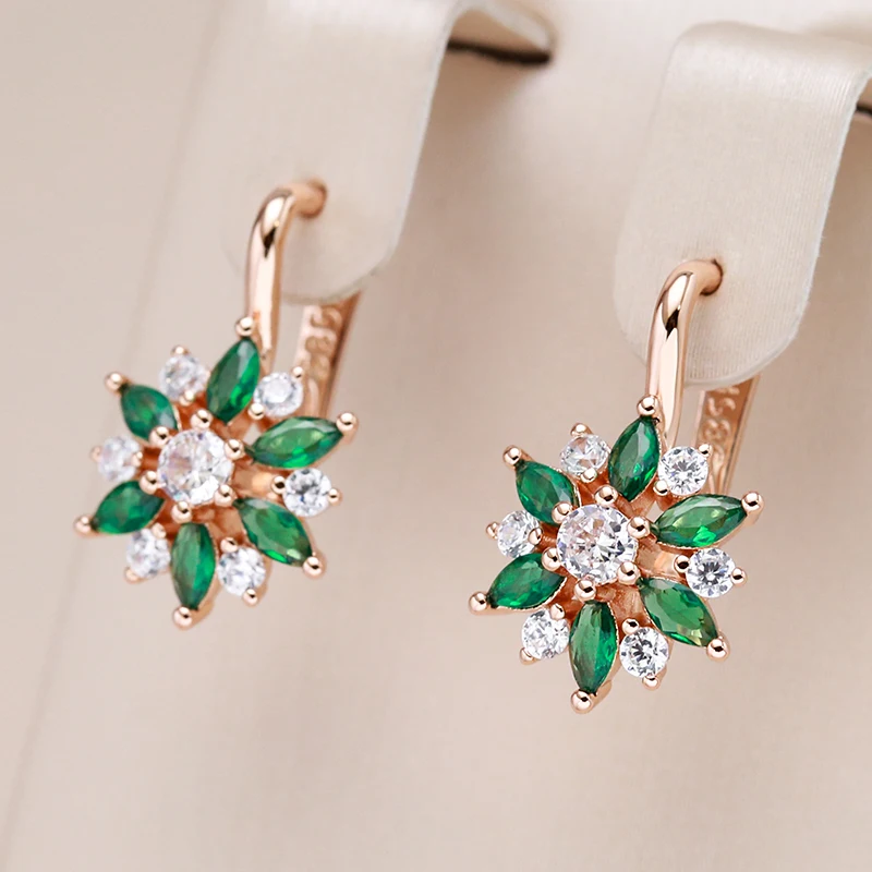 Kinel nová módna zelená prírodná zirkónová kvetina náušnice pre ženy darčeky Luxus 585 Rose Gold Svadobné večere Denné šperky