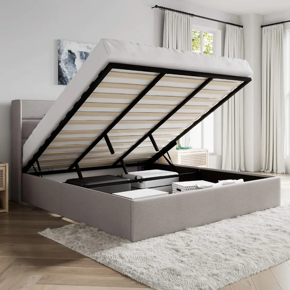 King Veľkosť zdvíhanie Up Storage Bed/Modern Wingback čelo postele/čalúnená plošina Rám/hydraulický úložný priestor/Žiadna pružina.