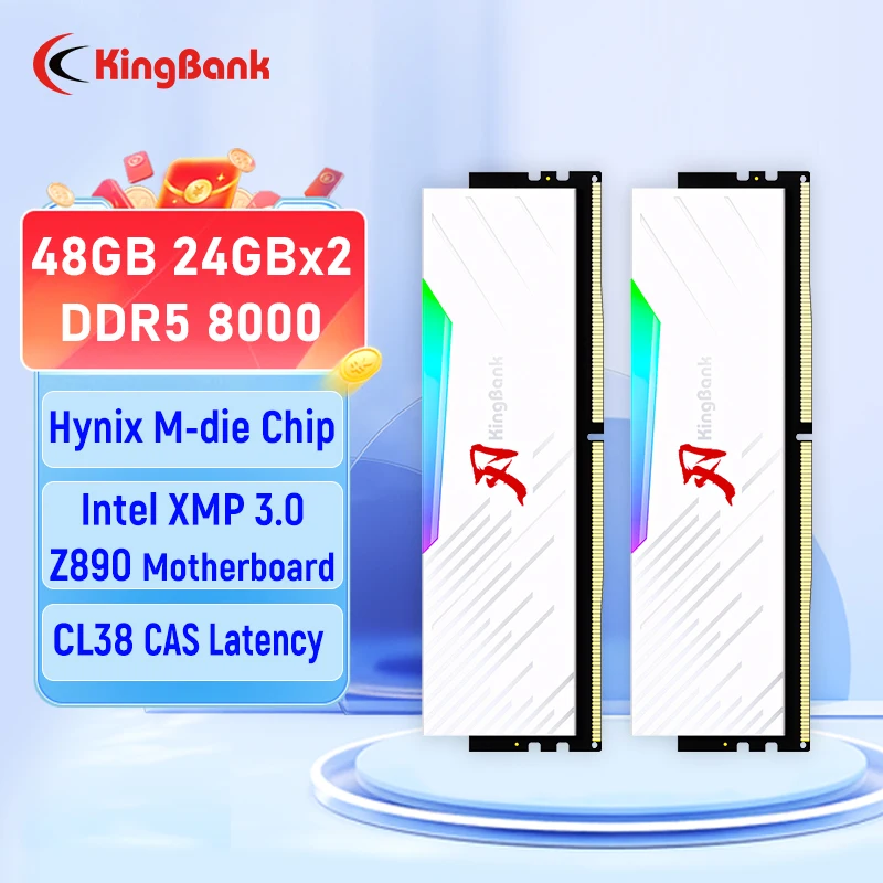 Kingbank CL38 RGB Memoria RAM DDR5 RAM Pamäť DDR5 RAM PC 24GBX2 48 GB 8000MHz RAM pre počítač hazardný počítač Hynix M Die