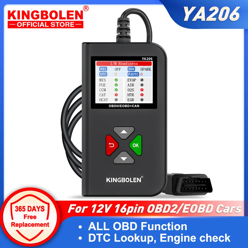 Kingbolen YA206 Čítačka kódu SCANER SKENER MORICKÝ OBDII EOBD Test batérie automatický diagnostický nástroj OBD2 SKENER PK CR3001 KW310