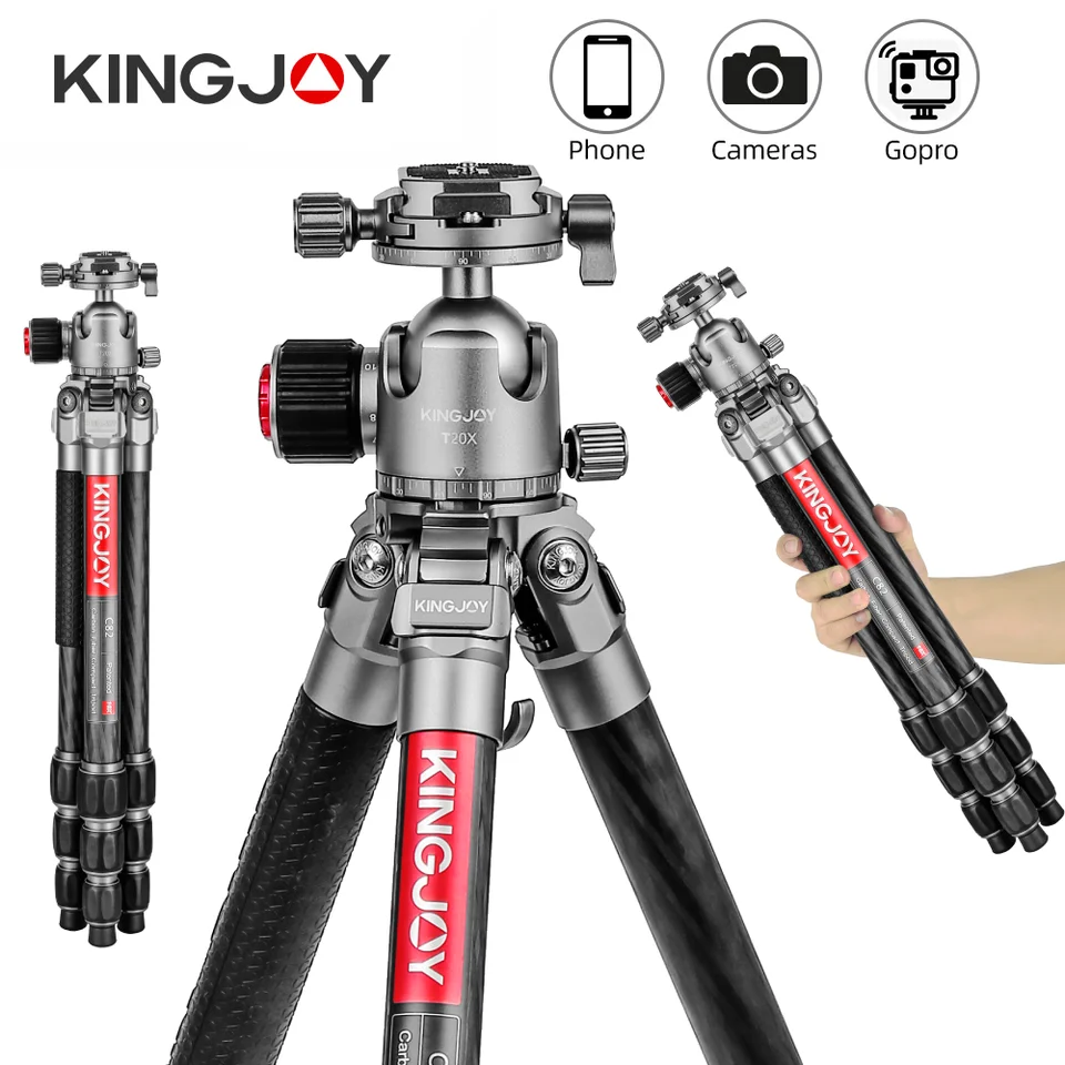 Kingjoy C82 DSLR Camera Perod Trib Lightweight and Compakt Starebný stánok s uhlíkovými vláknami s 360 Panorama Ball Head Rýchle uvoľňovacie tanier