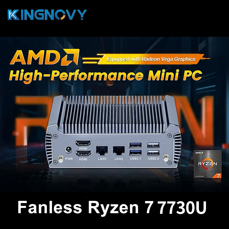 Kingnovy Fu02 Fanless Mini PC AMD Ryzen 7 7730U 8 jadro 16 vlákien Barebone PC 2 LANS Router Gaming Computer Windows 11 2x4K WiFi