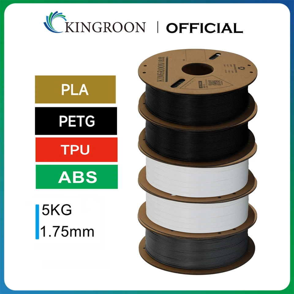 Kingroon 3D tlačiareň vlákna PLA Petg TPU ABS 5KG Bundle Black White Grey 1,75 mm bez bublín plastový 5x1kg/roll, náhodná cievka